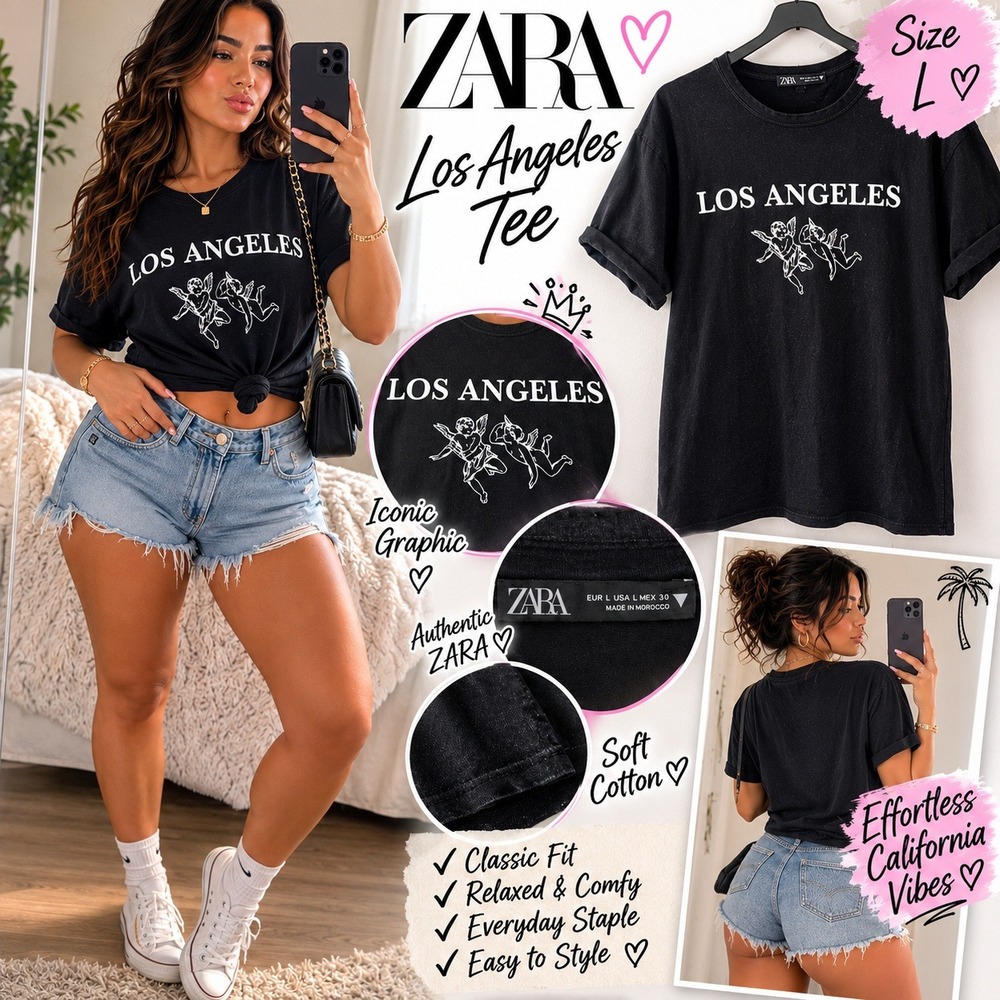 Zara Los Angeles Cherub Graphic Tee Black Cotton Short Sleeve Crew Neck Shirt L